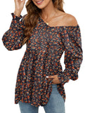 Printed bubble long-sleeved waist top T-shirt