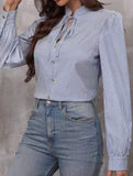 V-neck button-down striped long-sleeved cardigan