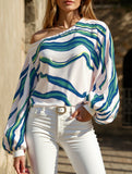 Off-the-shoulder boat neck printed loose shirt