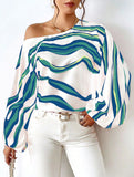 Off-the-shoulder boat neck printed loose shirt