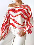 Off-the-shoulder boat neck printed loose shirt