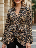 Leopard print lace-up V-neck long-sleeved shirt