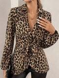 Leopard print lace-up V-neck long-sleeved shirt