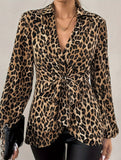Leopard print lace-up V-neck long-sleeved shirt