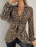 Leopard print lace-up V-neck long-sleeved shirt