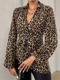 Leopard print lace-up V-neck long-sleeved shirt