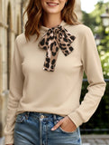 Leopard print lace-up round neck loose casual top
