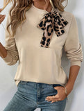 Leopard print lace-up round neck loose casual top