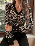 New leopard print long-sleeved V-neck top