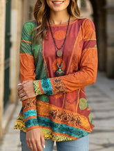 Retro Printed Crew Neck Long Sleeve Top