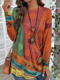 Retro Printed Crew Neck Long Sleeve Top