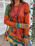Retro Printed Crew Neck Long Sleeve Top