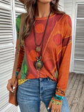 Retro Printed Crew Neck Long Sleeve Top