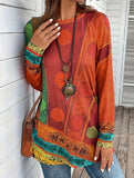 Retro Printed Crew Neck Long Sleeve Top