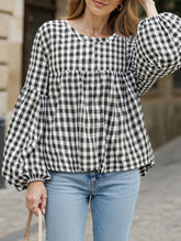 Loose round neck lantern sleeve plaid shirt