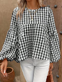 Loose round neck lantern sleeve plaid shirt