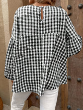 Loose round neck lantern sleeve plaid shirt