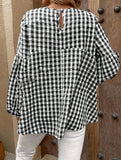 Loose round neck lantern sleeve plaid shirt