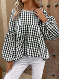 Loose round neck lantern sleeve plaid shirt