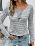 Casual fake two-piece small V-neck striped T-shirt