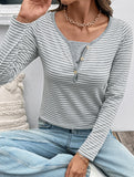 Casual fake two-piece small V-neck striped T-shirt