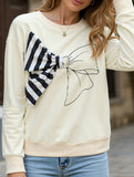 Casual striped bow crew neck pullover sweatshirt