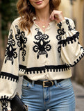 Open-collar vintage print long-sleeved shirt