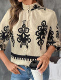 Open-collar vintage print long-sleeved shirt