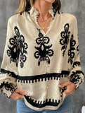 Open-collar vintage print long-sleeved shirt