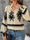 Open-collar vintage print long-sleeved shirt