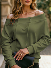 Loose casual drawstring off-shoulder boat neck top