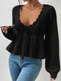 Loose V-neck drawstring knitted sweater