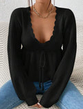 Loose V-neck drawstring knitted sweater
