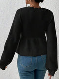 Loose V-neck drawstring knitted sweater