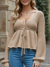 Loose V-neck drawstring knitted sweater