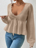 Loose V-neck drawstring knitted sweater