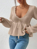 Loose V-neck drawstring knitted sweater