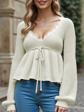 Loose V-neck drawstring knitted sweater