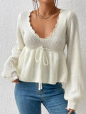 Loose V-neck drawstring knitted sweater