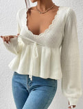 Loose V-neck drawstring knitted sweater