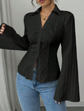 V-neck single-breasted solid color striped shirt
