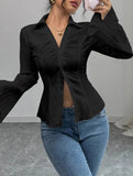 V-neck single-breasted solid color striped shirt