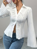 V-neck single-breasted solid color striped shirt