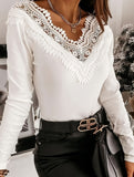 Double V lace V-neck lace pullover T-shirt
