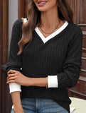 Contrast color V-neck loose long-sleeved T-shirt top