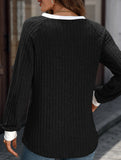 Contrast color V-neck loose long-sleeved T-shirt top