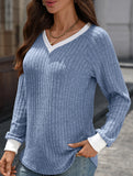Contrast color V-neck loose long-sleeved T-shirt top