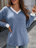 Contrast color V-neck loose long-sleeved T-shirt top