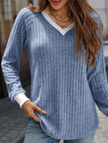 Contrast color V-neck loose long-sleeved T-shirt top