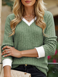 Contrast color V-neck loose long-sleeved T-shirt top